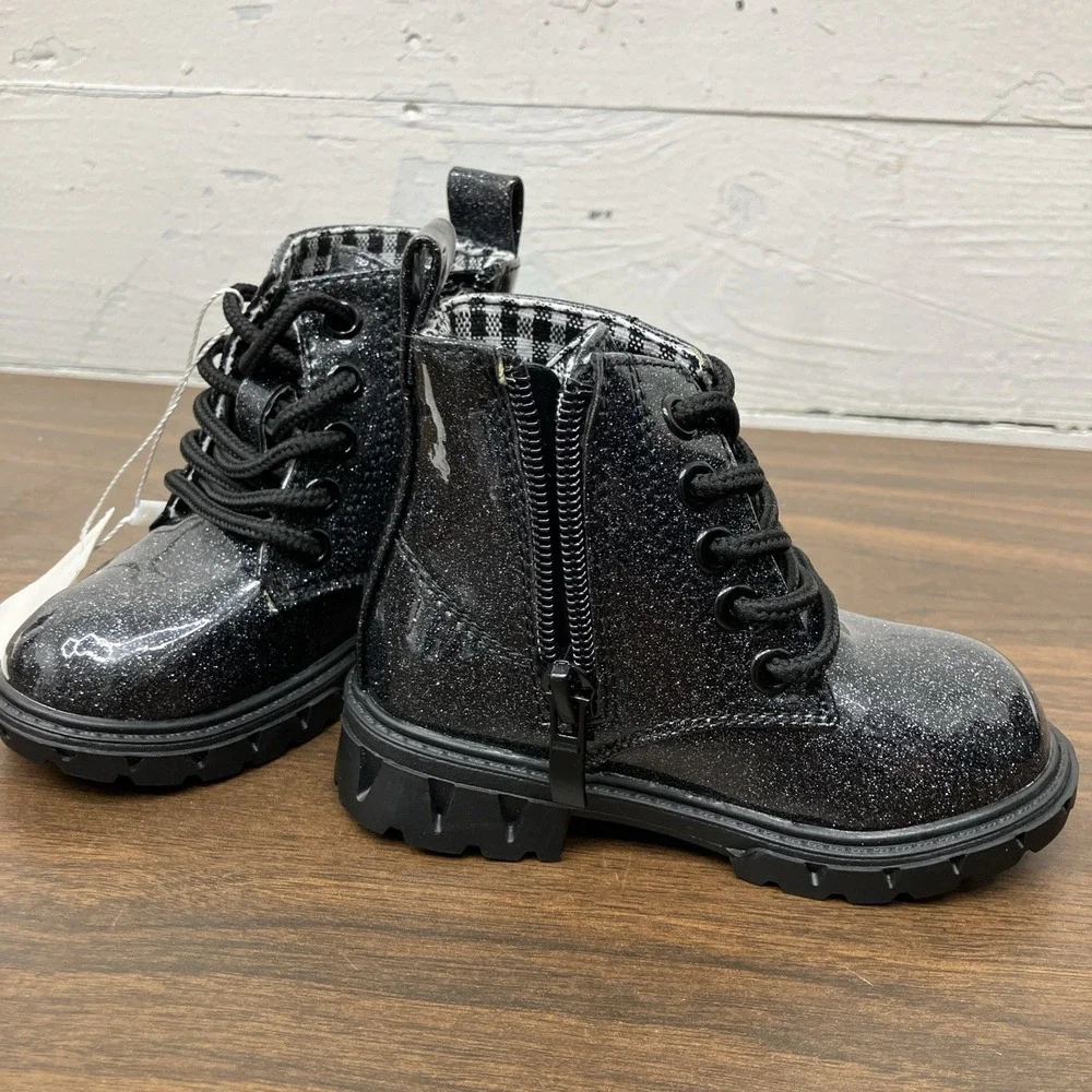 Dadawen Black Glitter Combat Boots Kids Ankle Glossy Black Glitter Boots Size 5